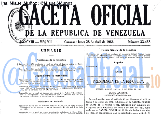 Gaceta Oficial 33458 del 28 Abril 1986