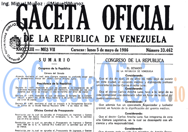 Gaceta Oficial 33462 del 5 Mayo 1986