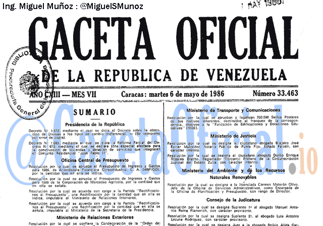 Gaceta Oficial 33463 del 6 Mayo 1986