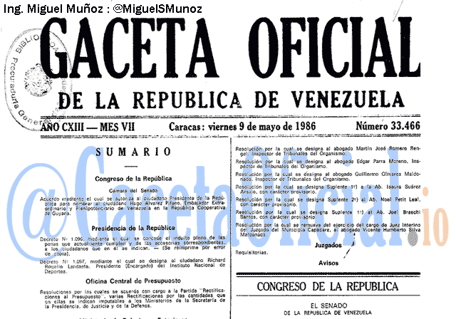Gaceta Oficial 33466 del 9 Mayo 1986
