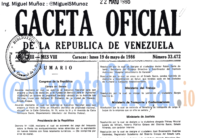 Gaceta Oficial 33472 del 19 Mayo 1986