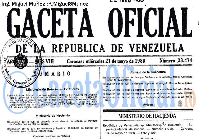 Gaceta Oficial 33474 del 21 Mayo 1986