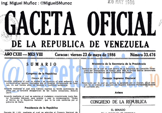 Gaceta Oficial 33476 del 23 Mayo 1986