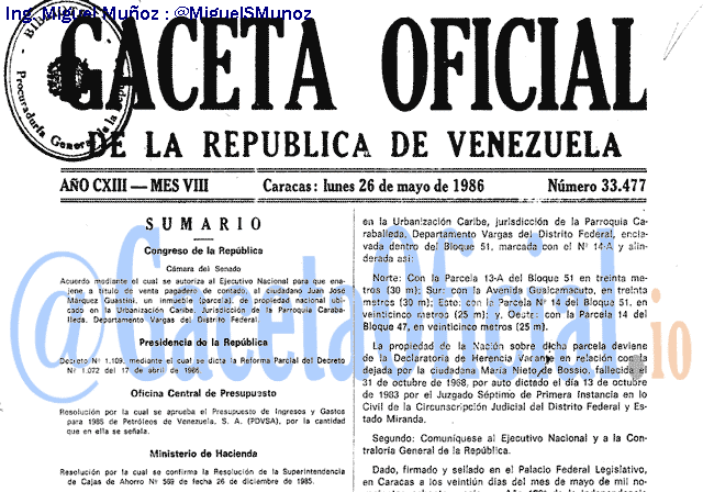 Gaceta Oficial 33477 del 26 Mayo 1986