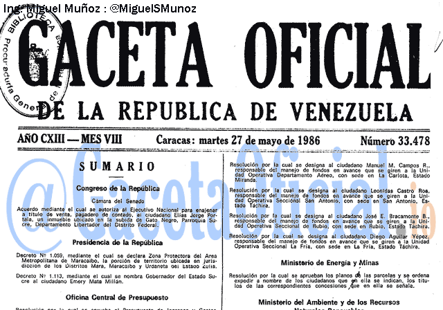 Gaceta Oficial 33478 del 27 Mayo 1986