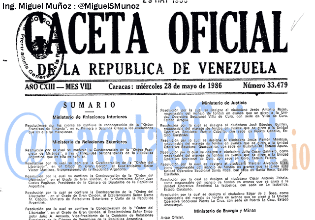 Gaceta Oficial 33479 del 28 Mayo 1986