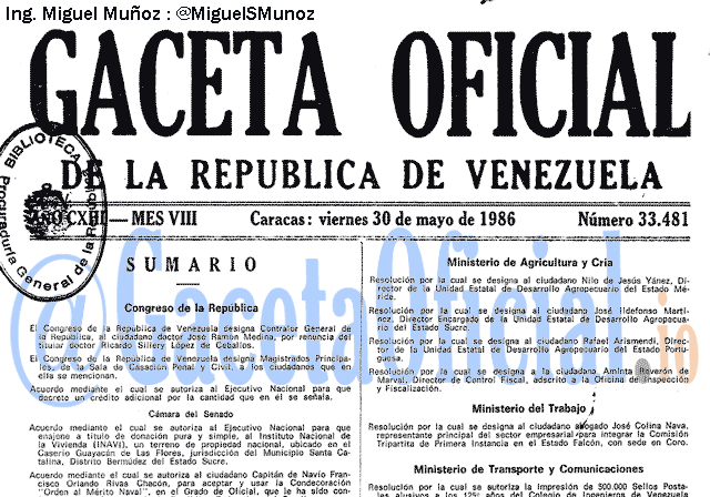 Gaceta Oficial 33481 del 30 Mayo 1986