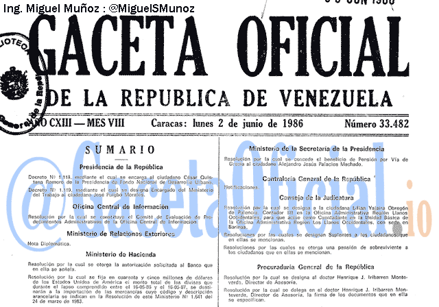 Gaceta Oficial 33482 del 2 Junio 1986