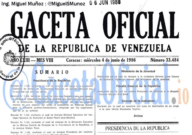 Gaceta Oficial 33484 del 4 Junio 1986