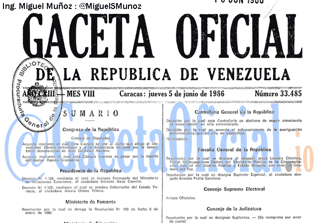 Gaceta Oficial 33485 del 5 Junio 1986