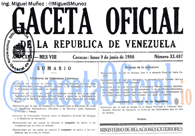 Gaceta Oficial 33487 del 9 Junio 1986