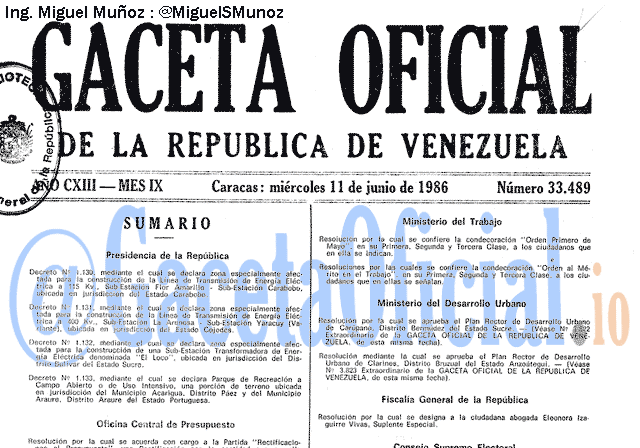 Gaceta Oficial 33489 del 11 Junio 1986