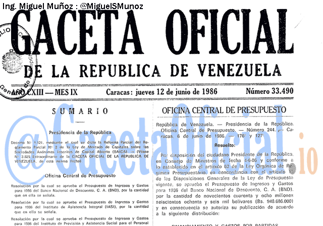 Gaceta Oficial 33490 del 12 Junio 1986