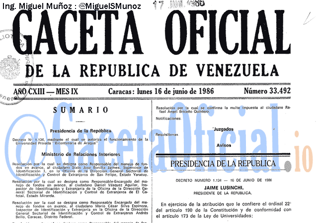 Gaceta Oficial 33492 del 16 Junio 1986
