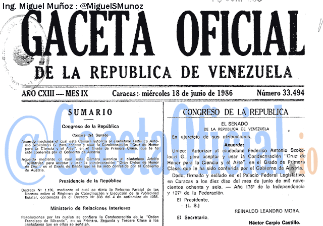 Gaceta Oficial 33494 del 18 Junio 1986