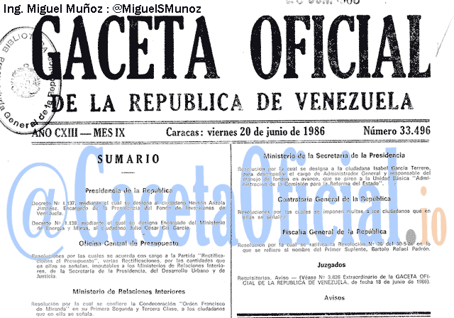 Gaceta Oficial 33496 del 20 Junio 1986