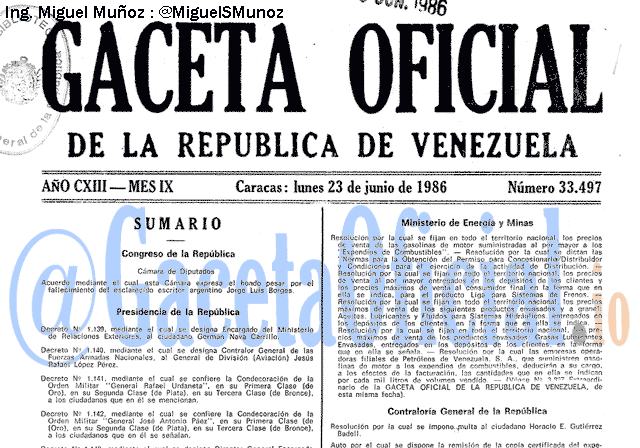 Gaceta Oficial 33497 del 23 Junio 1986