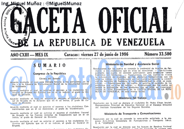 Gaceta Oficial 33500 del 27 Junio 1986