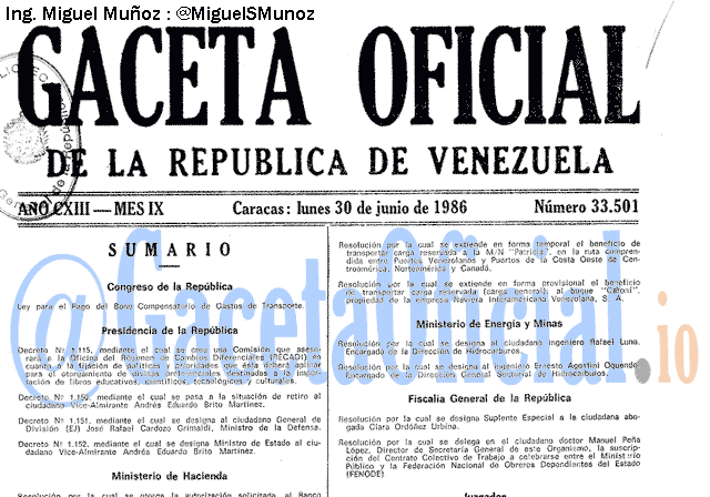 Gaceta Oficial 33501 del 30 Junio 1986
