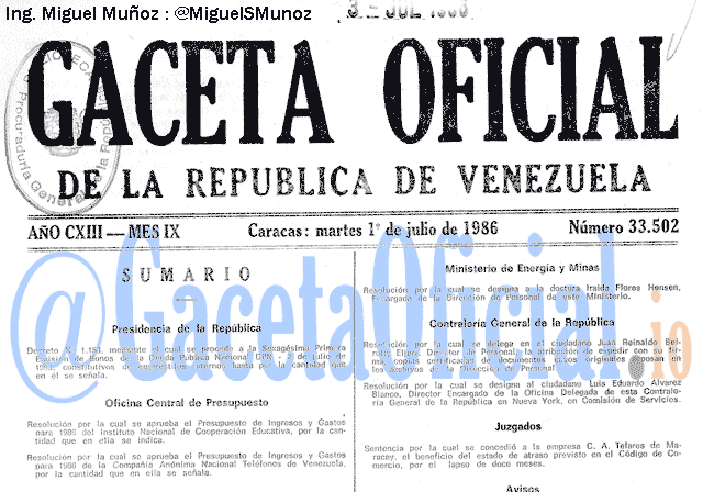 Gaceta Oficial 33502 del 1 Julio 1986