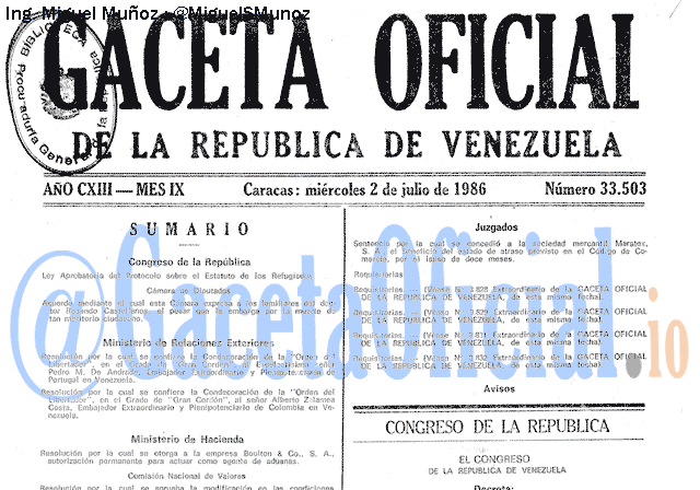 Gaceta Oficial 33503 del 2 Julio 1986