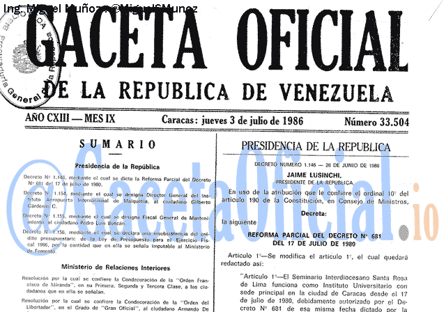 Gaceta Oficial 33504 del 3 Julio 1986