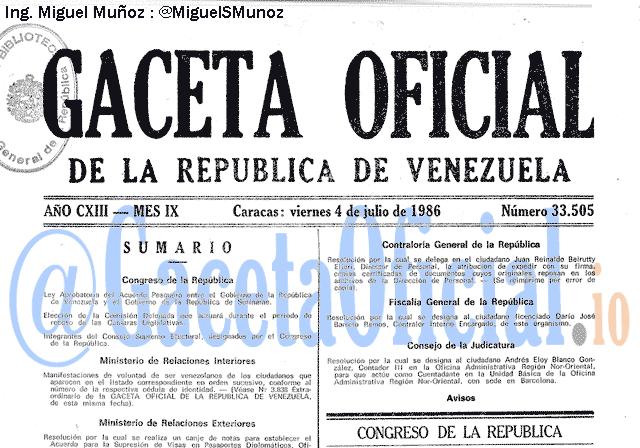 Gaceta Oficial 33505 del 4 Julio 1986
