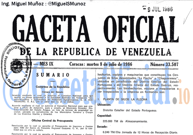 Gaceta Oficial 33507 del 8 Julio 1986