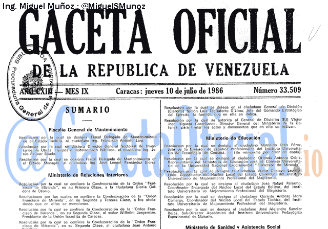 Gaceta Oficial 33509 del 10 Julio 1986