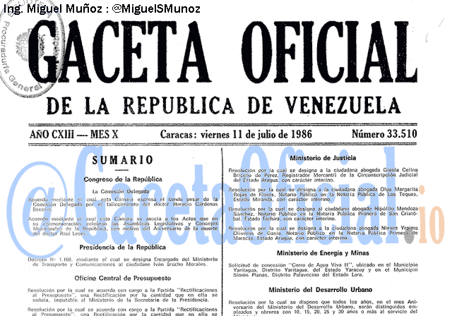 Gaceta Oficial 33510 del 11 Julio 1986