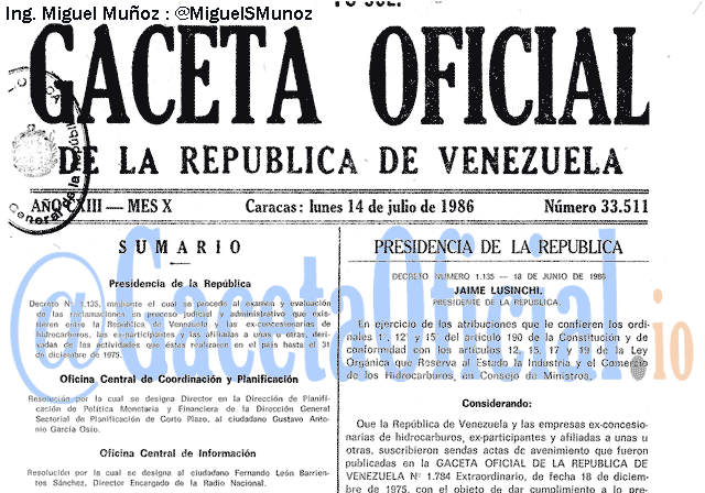 Gaceta Oficial 33511 del 14 Julio 1986