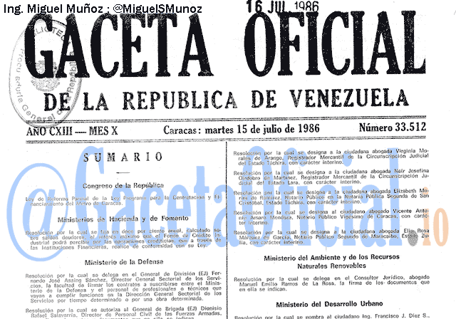 Gaceta Oficial 33512 del 15 Julio 1986