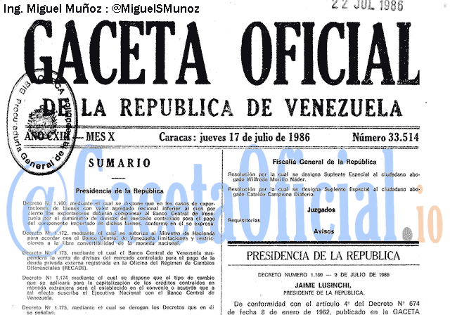 Gaceta Oficial 33514 del 17 Julio 1986