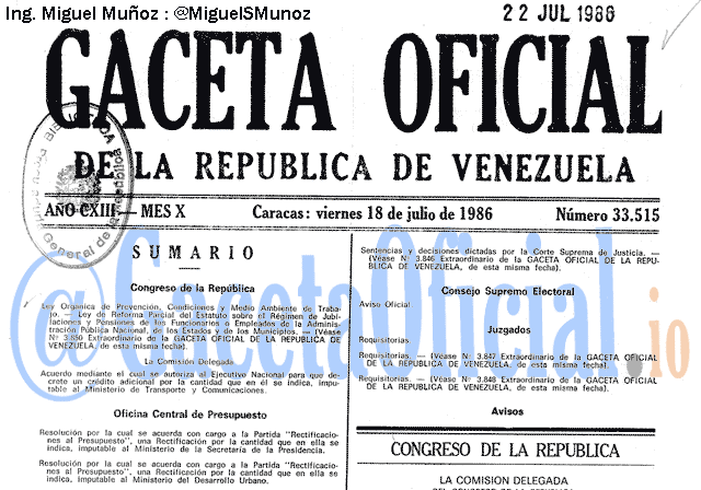 Gaceta Oficial 33515 del 18 Julio 1986