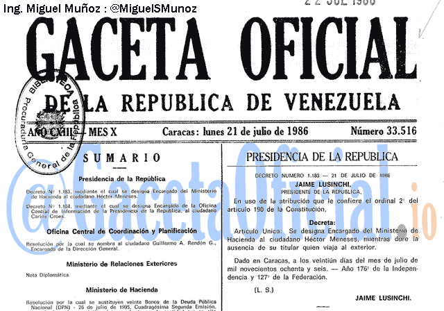 Gaceta Oficial 33516 del 21 Julio 1986
