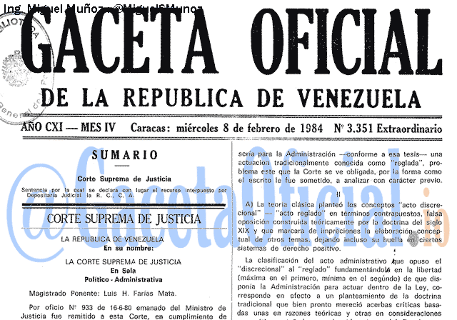 Gaceta Oficial 3351 del 8 Febrero 1984