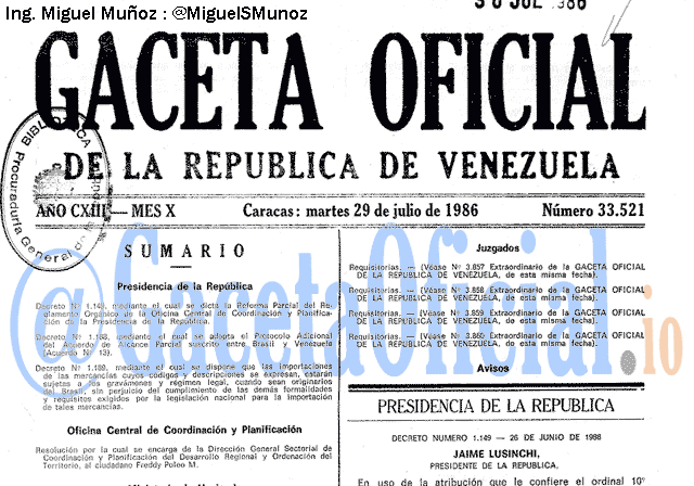 Gaceta Oficial 33521 del 29 Julio 1986