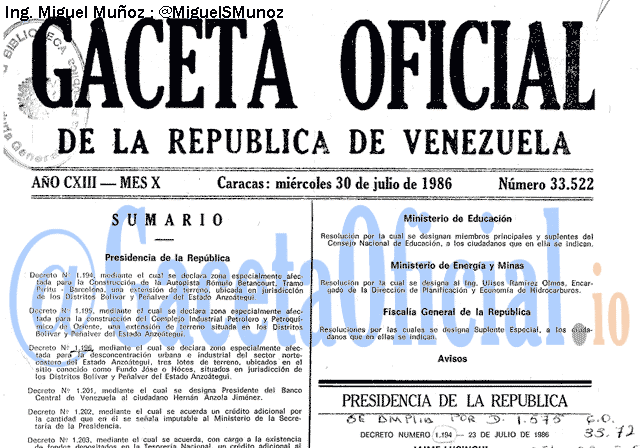 Gaceta Oficial 33522 del 30 Julio 1986