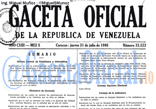 Gaceta Oficial 33523 del 31 Julio 1986