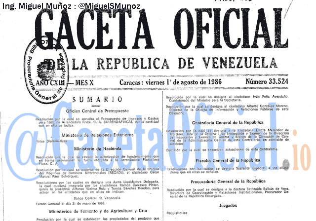 Gaceta Oficial 33524 del 1 Agosto 1986