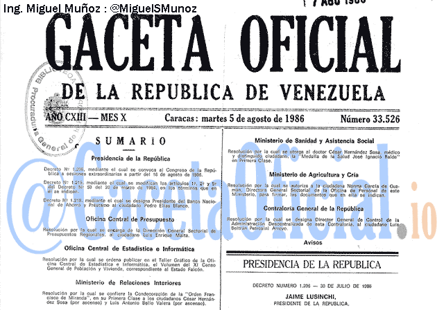 Gaceta Oficial 33526 del 5 Agosto 1986