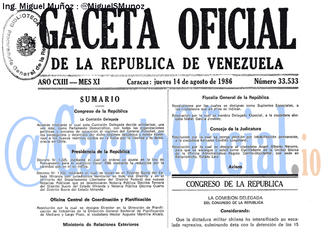 Gaceta Oficial 33533 del 14 Agosto 1986