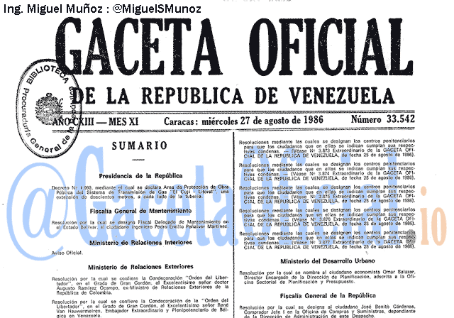Gaceta Oficial 33542 del 27 Agosto 1986