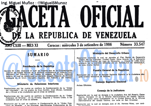 Gaceta Oficial 33547 del 3 Septiembre 1986