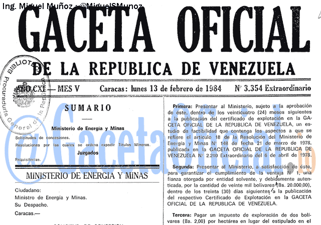Gaceta Oficial 3354 del 13 Febrero 1984