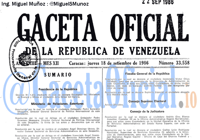 Gaceta Oficial 33558 del 18 Septiembre 1986