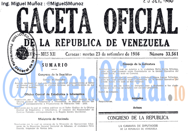 Gaceta Oficial 33561 del 23 Septiembre 1986
