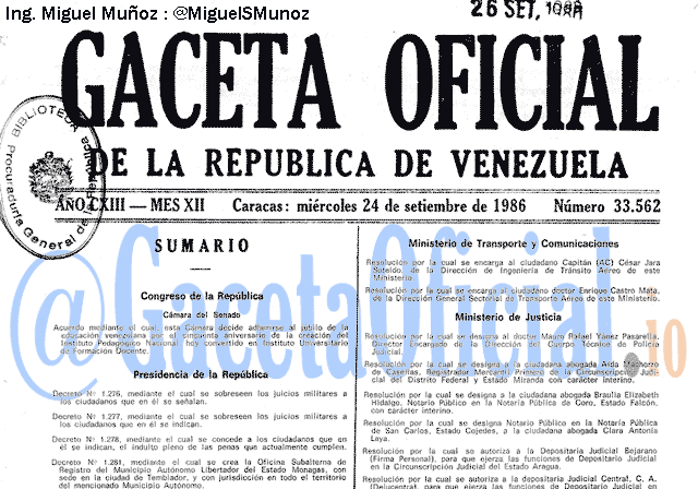 Gaceta Oficial 33562 del 24 Septiembre 1986