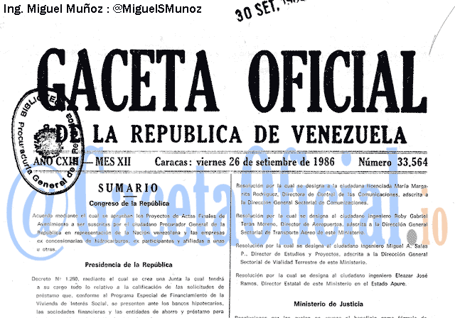 Gaceta Oficial 33564 del 26 Septiembre 1986