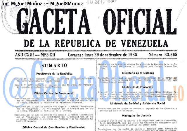Gaceta Oficial 33565 del 29 Septiembre 1986